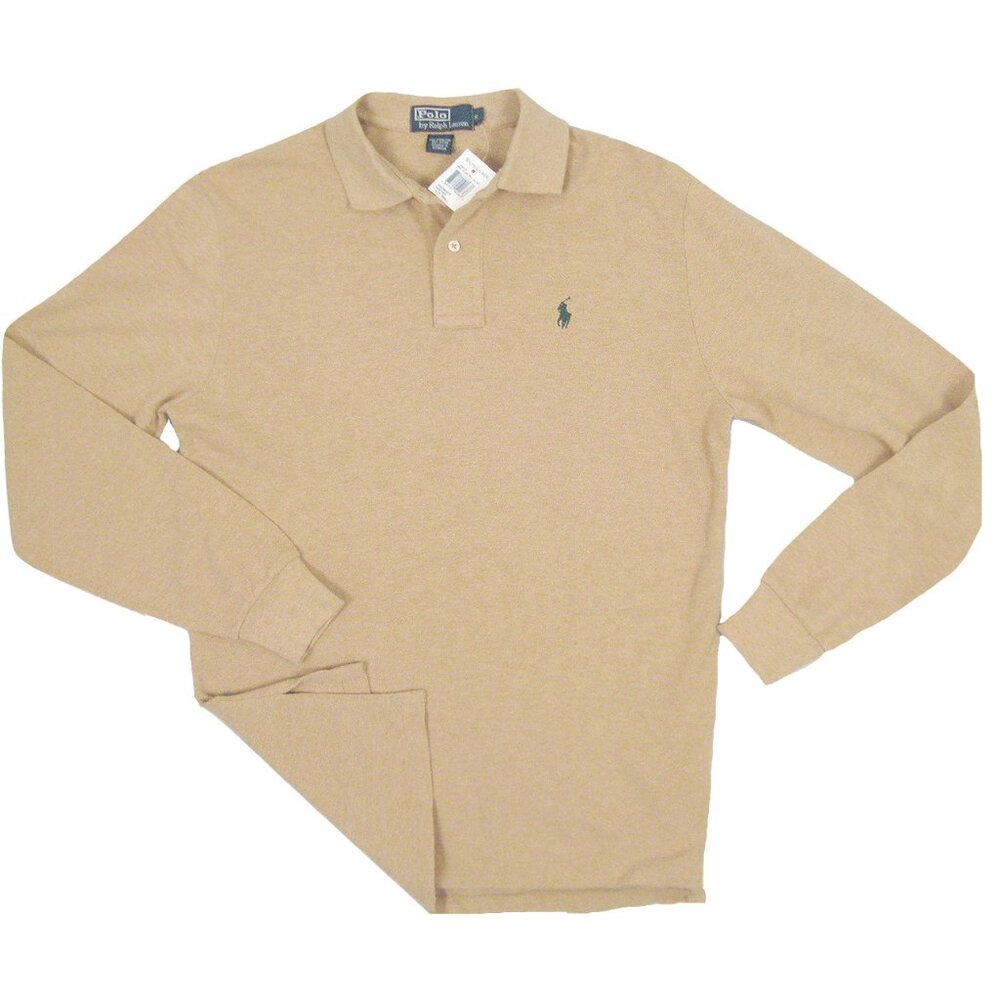 NEW! Polo Ralph Lauren Long Sleeve Polo Shirt! Sm  Tan Green Player Cotton Pique